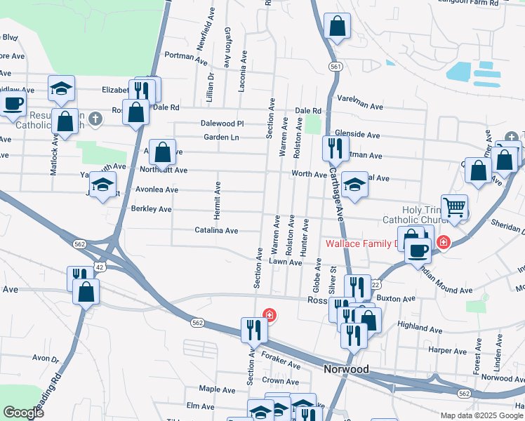 map of restaurants, bars, coffee shops, grocery stores, and more near 5318 Section Avenue in Cincinnati