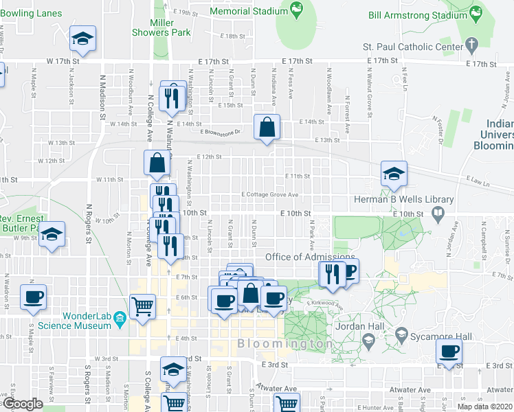 map of restaurants, bars, coffee shops, grocery stores, and more near 508 East Cottage Grove Avenue in Bloomington