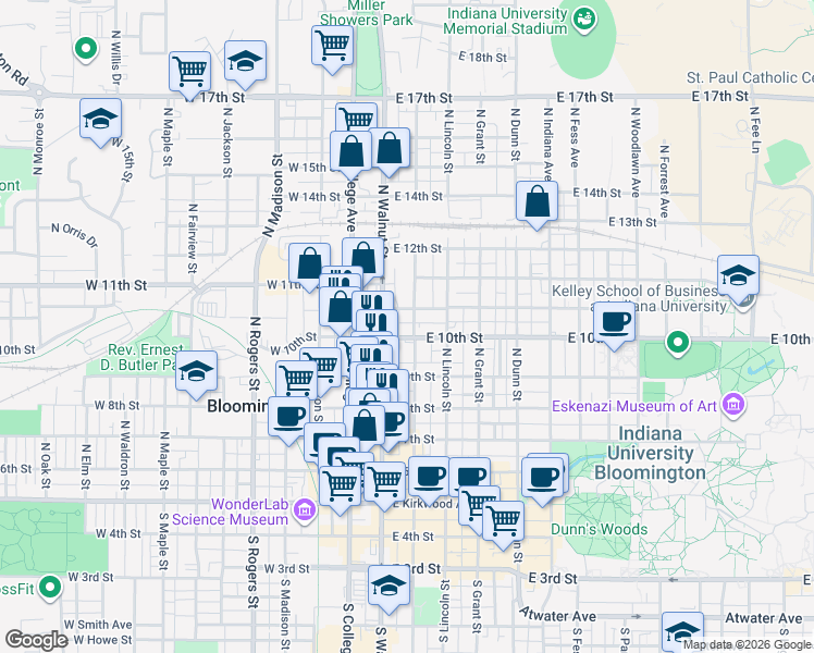 map of restaurants, bars, coffee shops, grocery stores, and more near 212 East Cottage Grove Avenue in Bloomington