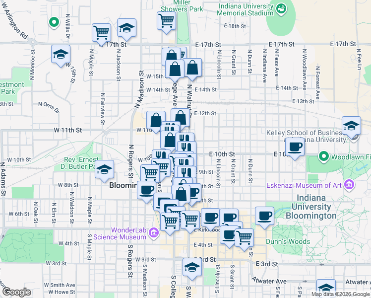 map of restaurants, bars, coffee shops, grocery stores, and more near 620 North Walnut Street in Bloomington
