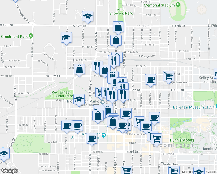 map of restaurants, bars, coffee shops, grocery stores, and more near 627 North Morton Street in Bloomington