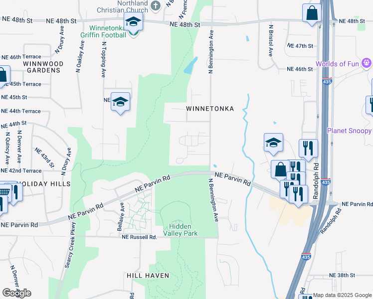 map of restaurants, bars, coffee shops, grocery stores, and more near 6509 Northeast 43rd Terrace in Kansas City