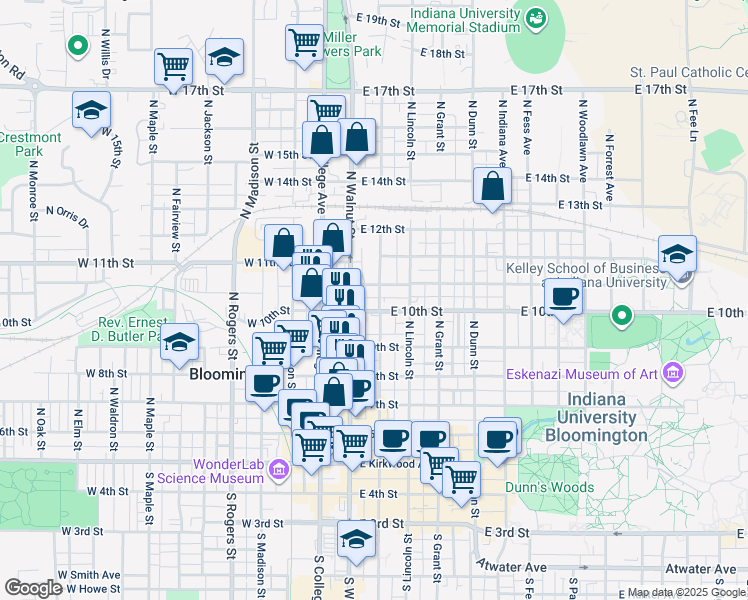 map of restaurants, bars, coffee shops, grocery stores, and more near 212 East Cottage Grove Avenue in Bloomington