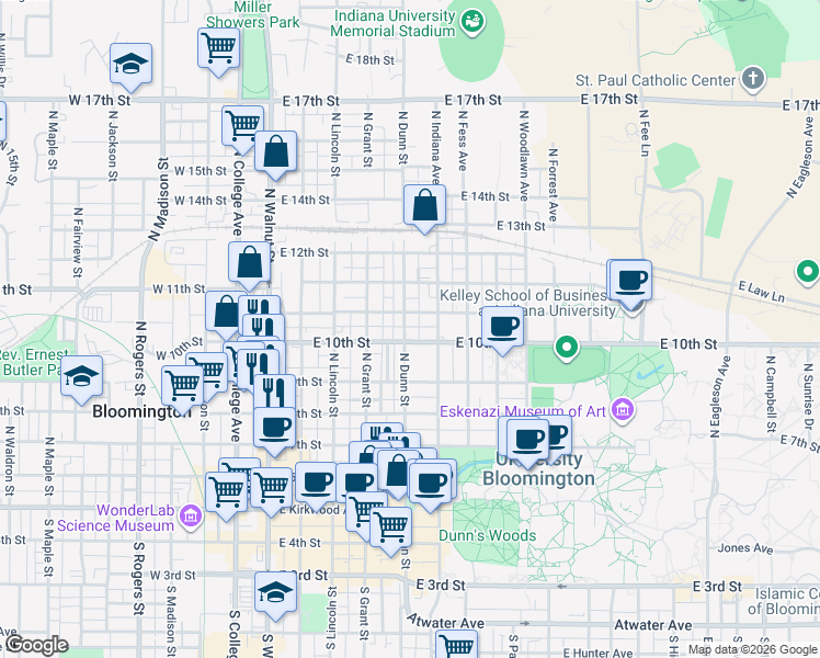 map of restaurants, bars, coffee shops, grocery stores, and more near 608 North Dunn Street in Bloomington
