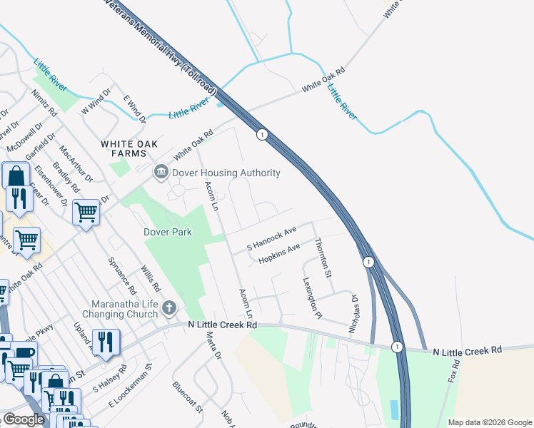 map of restaurants, bars, coffee shops, grocery stores, and more near 404 Suvarna Lane in Dover