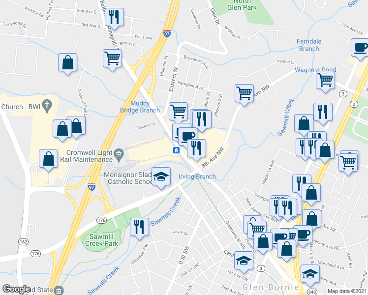 map of restaurants, bars, coffee shops, grocery stores, and more near 7379 Baltimore Annapolis Boulevard in Glen Burnie
