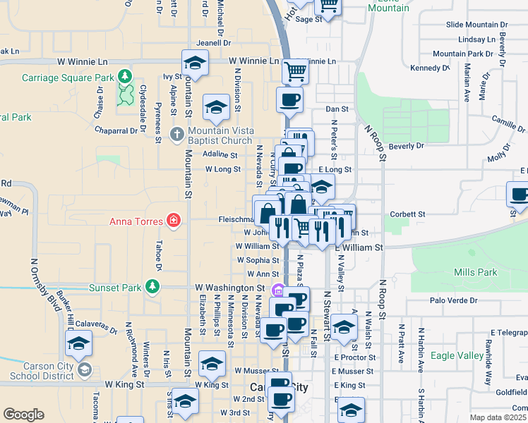 map of restaurants, bars, coffee shops, grocery stores, and more near 309 West Park Street in Carson City