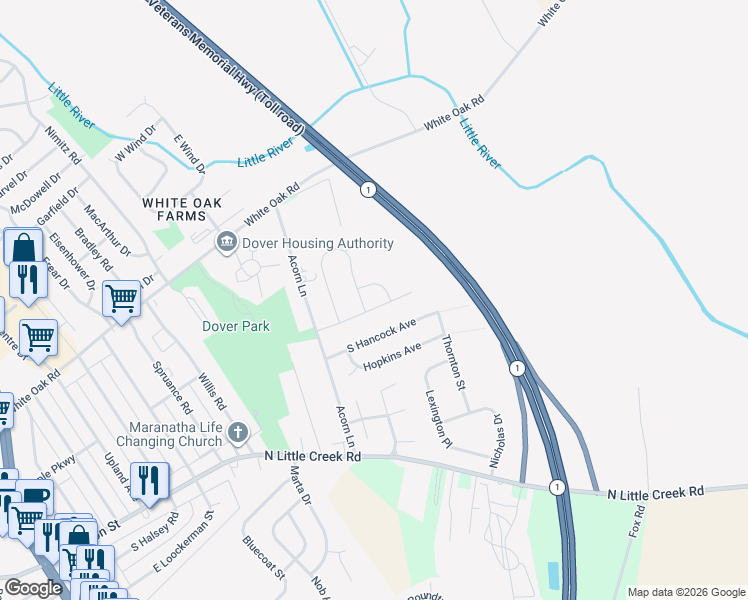 map of restaurants, bars, coffee shops, grocery stores, and more near 404 Suvarna Lane in Dover