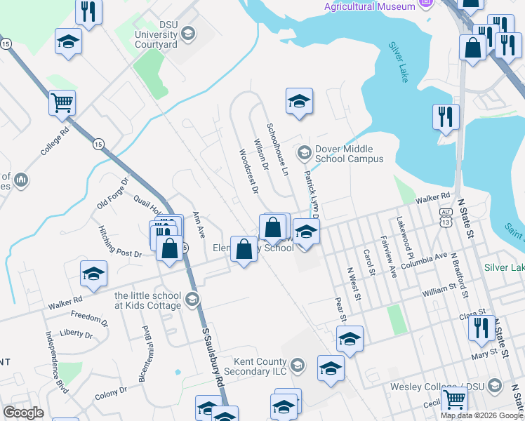 map of restaurants, bars, coffee shops, grocery stores, and more near 839 Woodcrest Drive in Dover