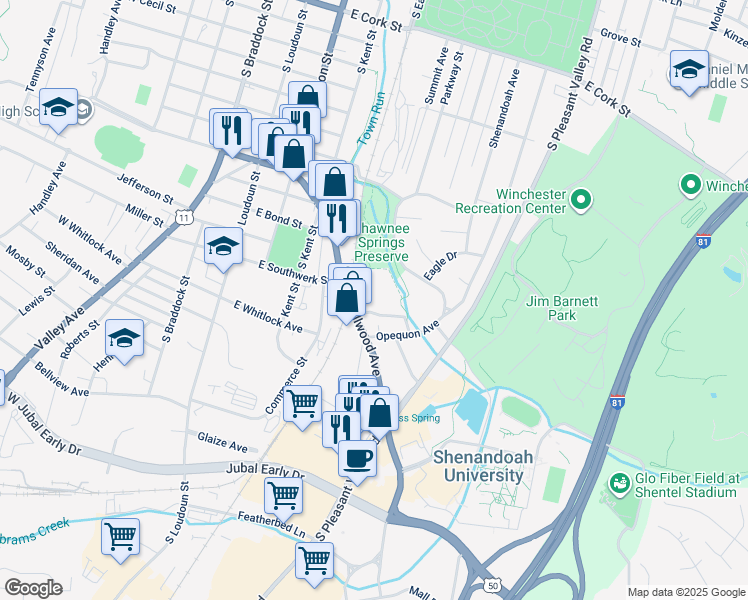 map of restaurants, bars, coffee shops, grocery stores, and more near 380 Millwood Avenue in Winchester