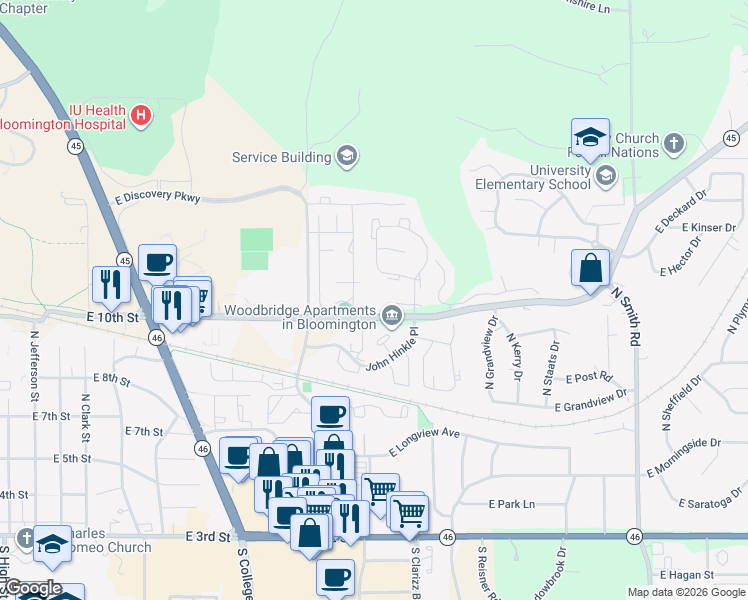 map of restaurants, bars, coffee shops, grocery stores, and more near 3211 East 10th Street in Bloomington