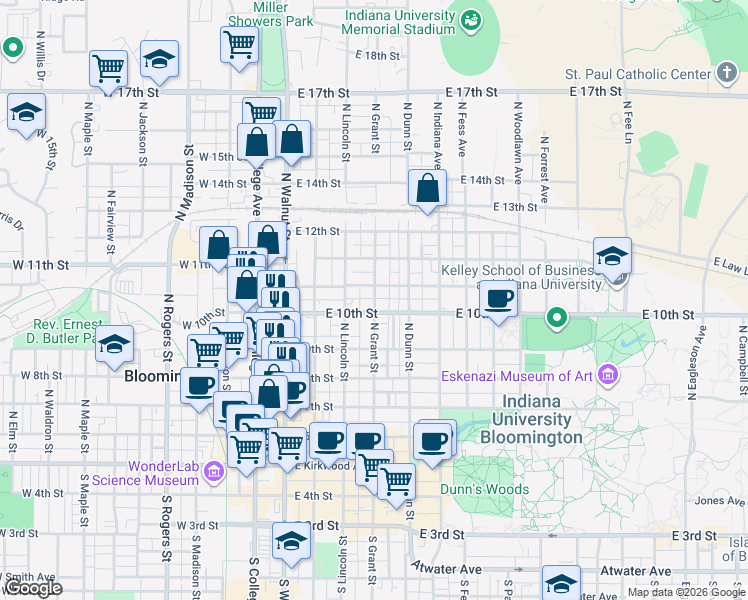 map of restaurants, bars, coffee shops, grocery stores, and more near 310 East Cottage Grove Avenue in Bloomington