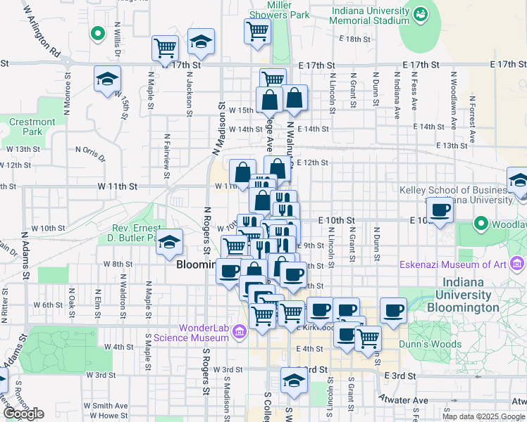 map of restaurants, bars, coffee shops, grocery stores, and more near 629 North College Avenue in Bloomington
