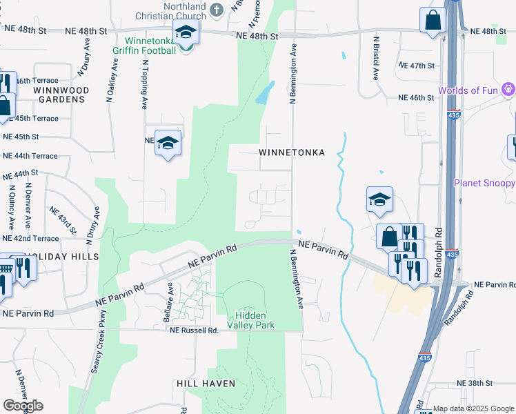map of restaurants, bars, coffee shops, grocery stores, and more near 6509 Northeast 43rd Terrace in Kansas City