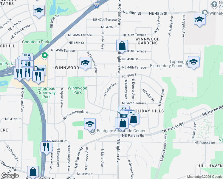 map of restaurants, bars, coffee shops, grocery stores, and more near 4327 North Lister Avenue in Kansas City