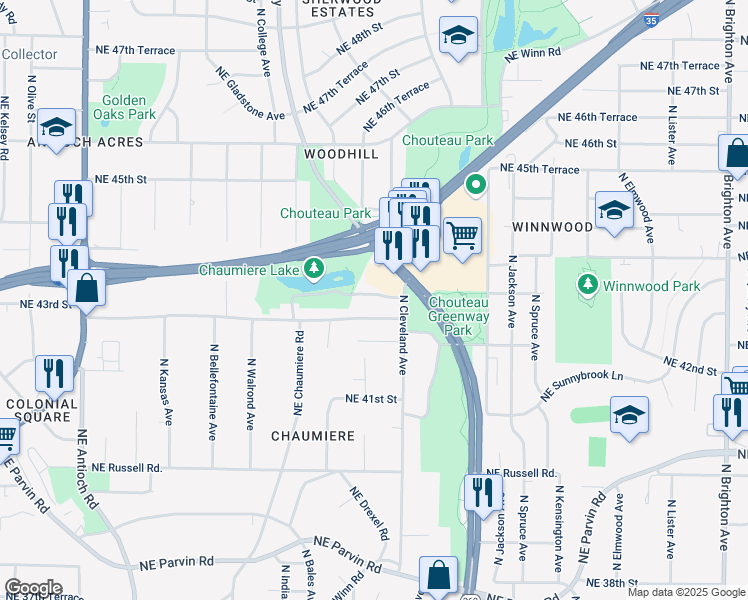 map of restaurants, bars, coffee shops, grocery stores, and more near 4400 Northeast Chouteau Trafficway in Kansas City