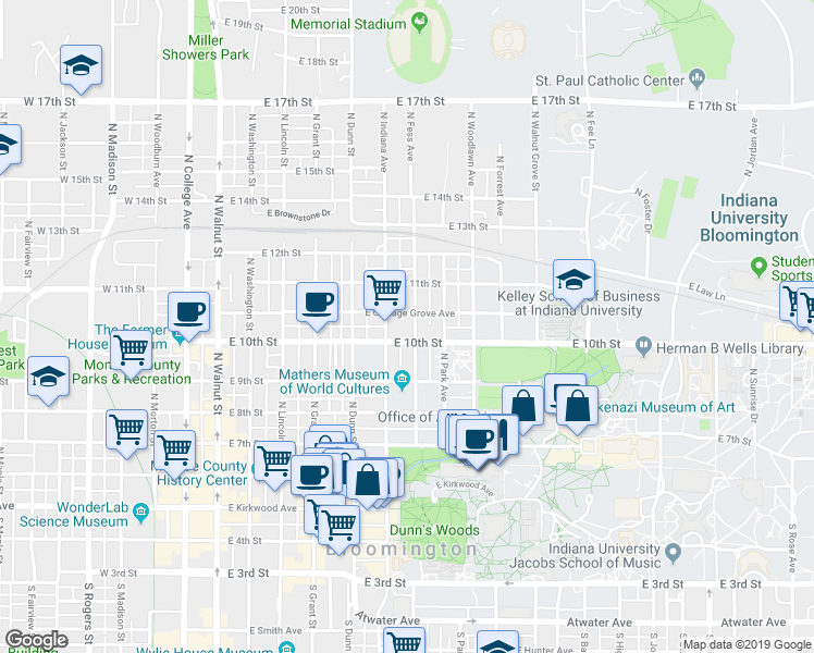 map of restaurants, bars, coffee shops, grocery stores, and more near 674 East Cottage Grove Avenue in Bloomington
