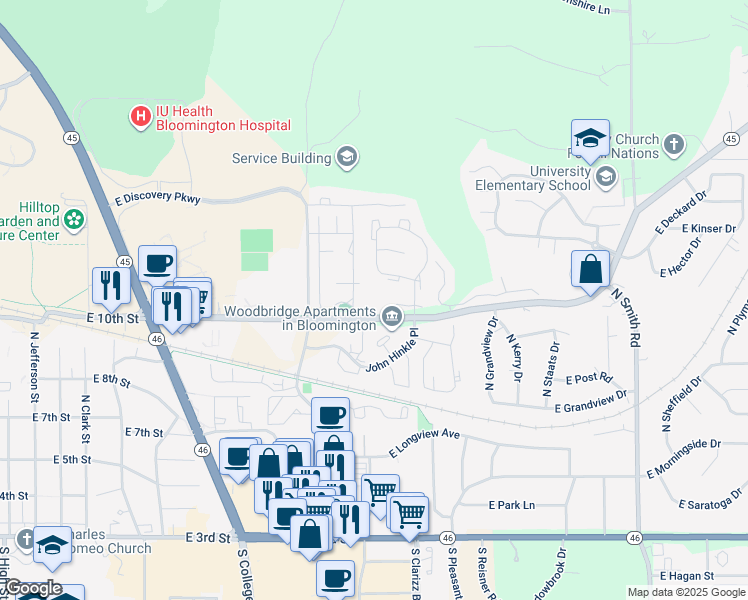 map of restaurants, bars, coffee shops, grocery stores, and more near 3211 East 10th Street in Bloomington