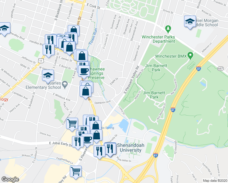 map of restaurants, bars, coffee shops, grocery stores, and more near 621 Hollingsworth Drive in Winchester
