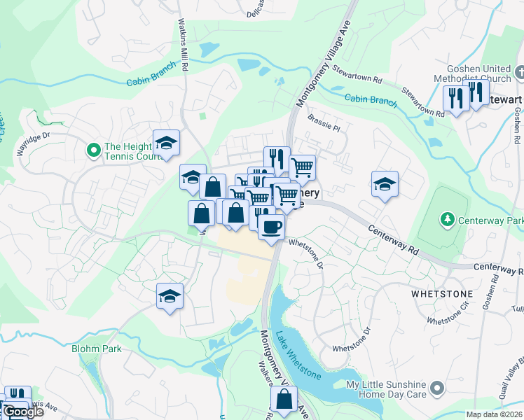 map of restaurants, bars, coffee shops, grocery stores, and more near 19222 Montgomery Village Avenue in Montgomery Village
