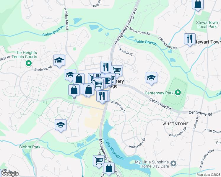 map of restaurants, bars, coffee shops, grocery stores, and more near 19225 Montgomery Village Avenue in Montgomery Village