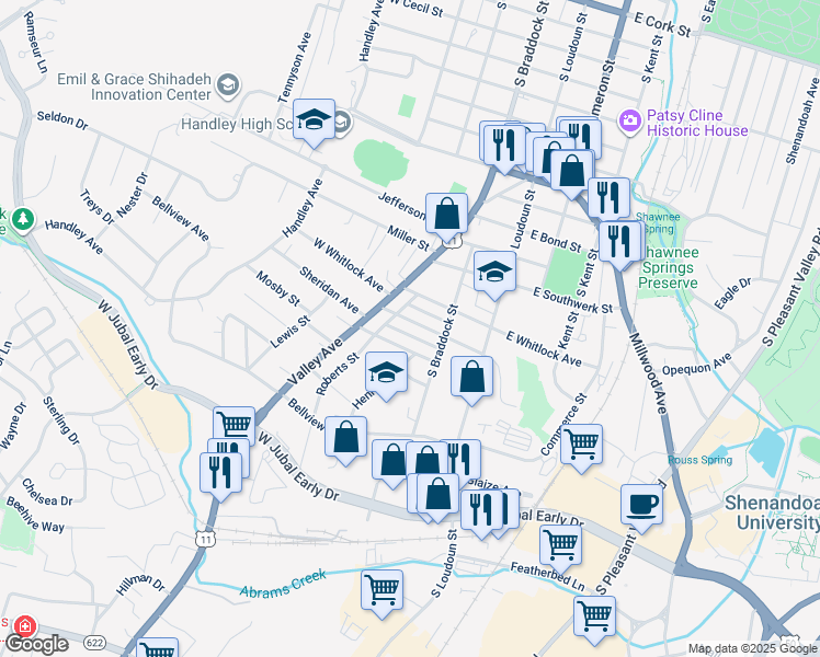 map of restaurants, bars, coffee shops, grocery stores, and more near 131 Montague Avenue in Winchester