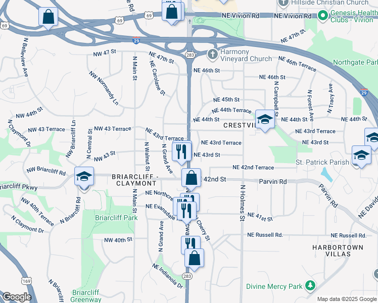 map of restaurants, bars, coffee shops, grocery stores, and more near N Oak Trafficway & NE 43rd St in Kansas City