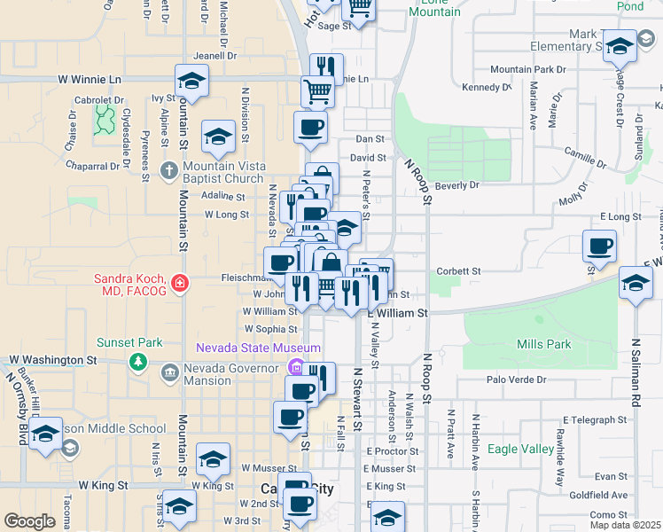 map of restaurants, bars, coffee shops, grocery stores, and more near 122 Corbett Street in Carson City