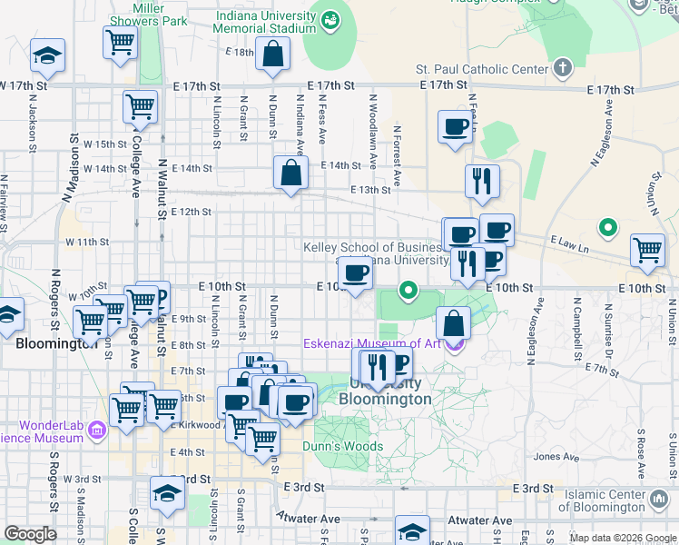map of restaurants, bars, coffee shops, grocery stores, and more near 803 East Cottage Grove Avenue in Bloomington