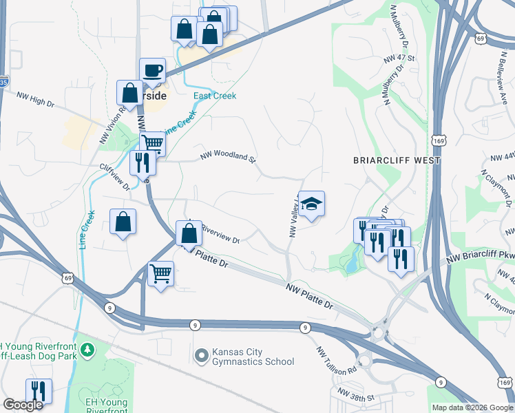 map of restaurants, bars, coffee shops, grocery stores, and more near 901 Northwest Navajo Street in Riverside