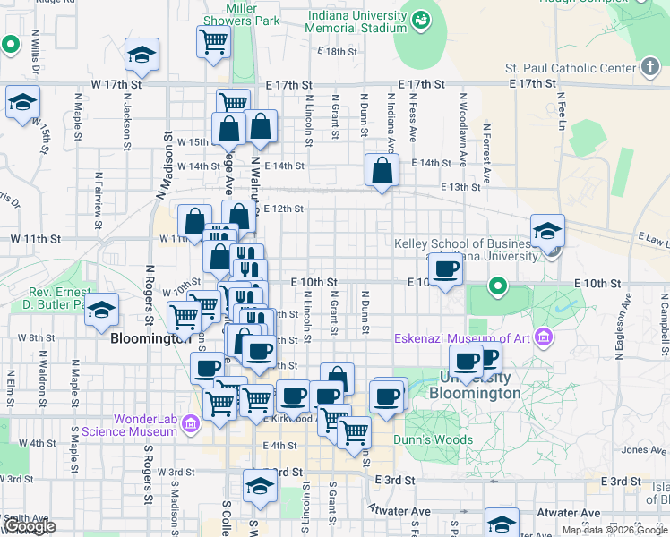 map of restaurants, bars, coffee shops, grocery stores, and more near 414 East Cottage Grove Avenue in Bloomington