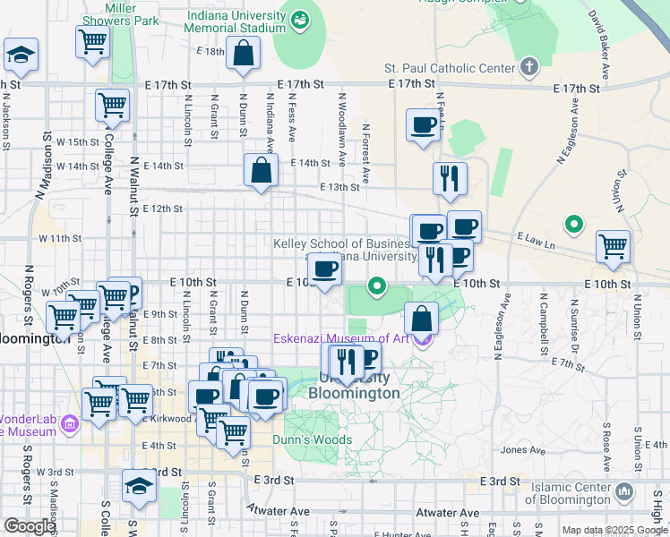 map of restaurants, bars, coffee shops, grocery stores, and more near 824 1/2 East Cottage Grove Avenue in Bloomington