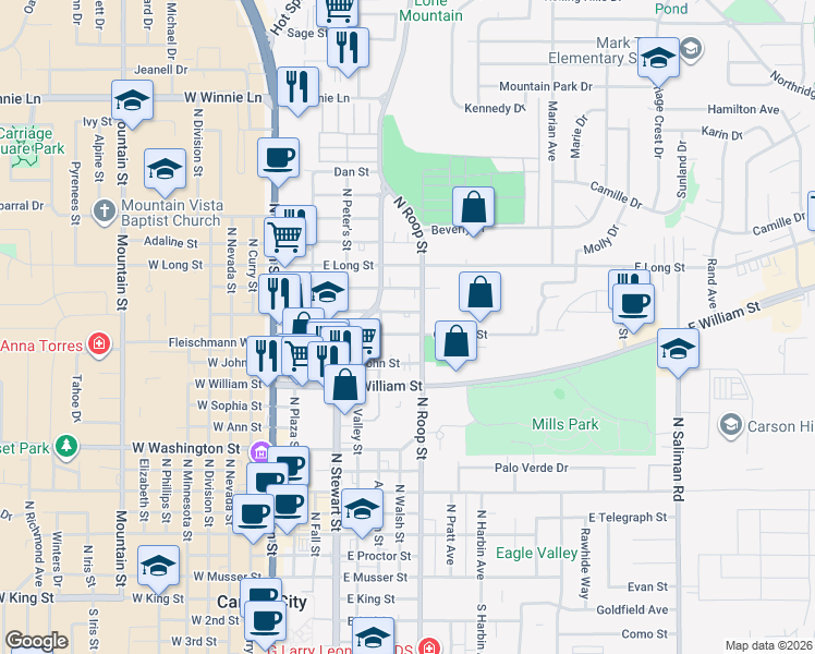 map of restaurants, bars, coffee shops, grocery stores, and more near 419 East Park Street in Carson City