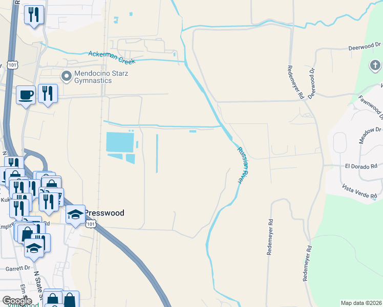 map of restaurants, bars, coffee shops, grocery stores, and more near 651 Kunzler Ranch Road in Ukiah
