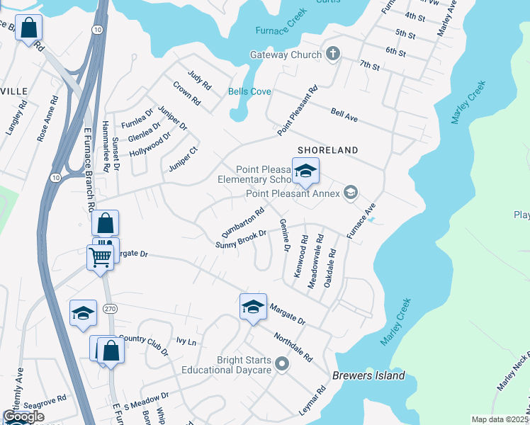 map of restaurants, bars, coffee shops, grocery stores, and more near 1025 Dumbarton Road in Glen Burnie