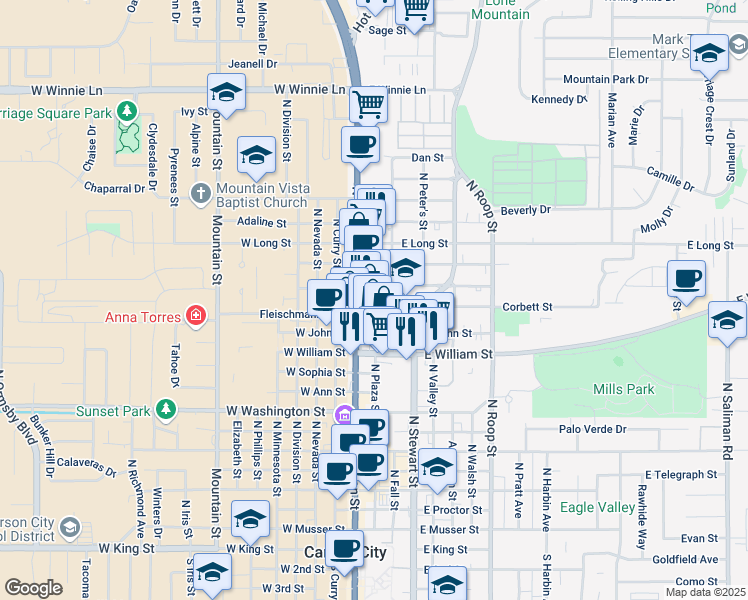 map of restaurants, bars, coffee shops, grocery stores, and more near 151 East Park Street in Carson City
