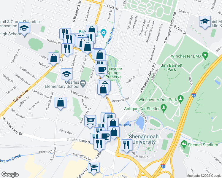 map of restaurants, bars, coffee shops, grocery stores, and more near 380 Millwood Avenue in Winchester