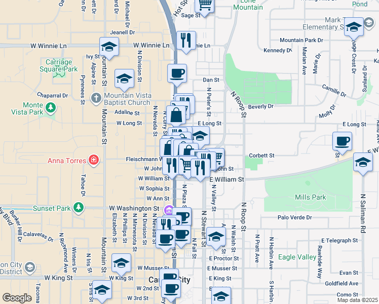 map of restaurants, bars, coffee shops, grocery stores, and more near 151 East Park Street in Carson City