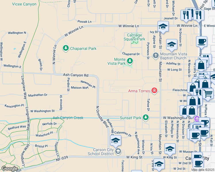 map of restaurants, bars, coffee shops, grocery stores, and more near 1710 Newman Place in Carson City