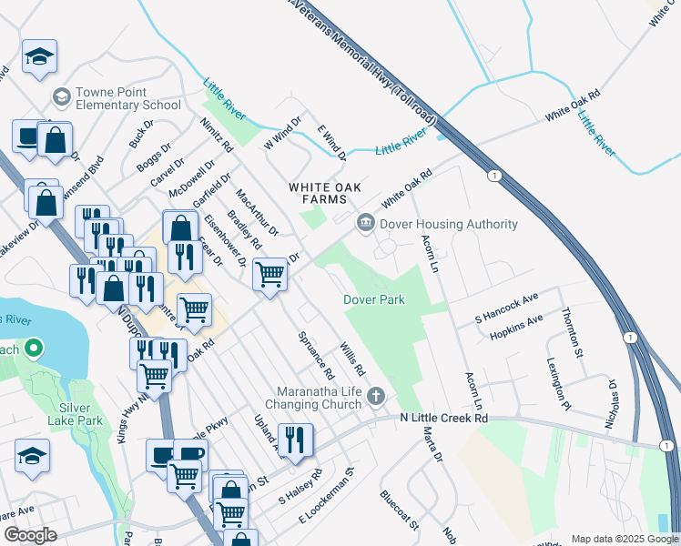 map of restaurants, bars, coffee shops, grocery stores, and more near 12 Rockford Crossing in Dover
