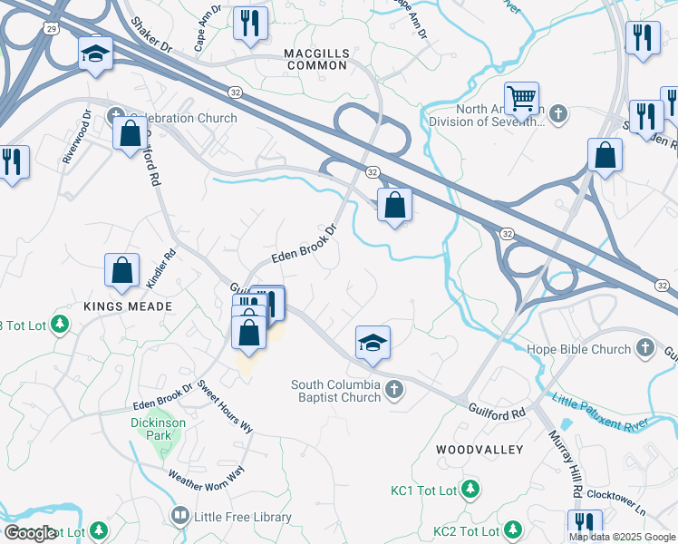 map of restaurants, bars, coffee shops, grocery stores, and more near 7047 Copperwood Way in Columbia