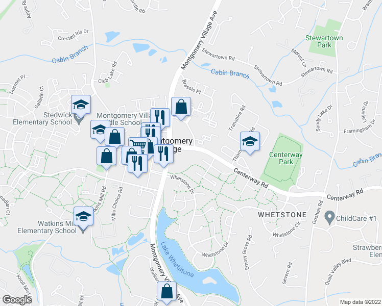 map of restaurants, bars, coffee shops, grocery stores, and more near 9800 Centerway Road in Montgomery Village