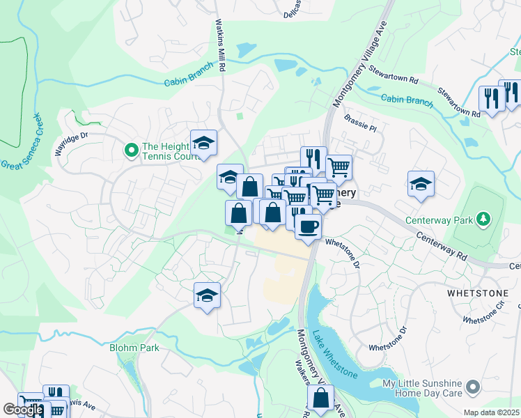 map of restaurants, bars, coffee shops, grocery stores, and more near in Montgomery Village