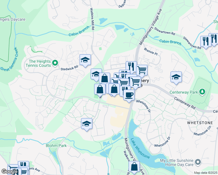 map of restaurants, bars, coffee shops, grocery stores, and more near 10046 Harper Vale Road in Montgomery Village