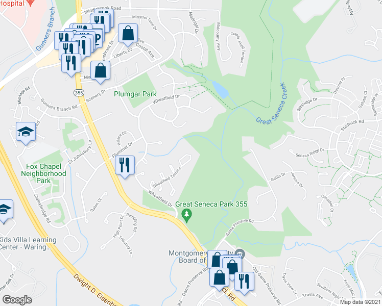 map of restaurants, bars, coffee shops, grocery stores, and more near 19276 Wheatfield Terrace in Gaithersburg