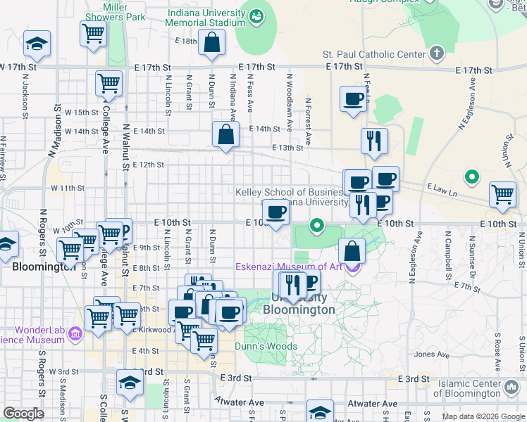 map of restaurants, bars, coffee shops, grocery stores, and more near 803 East Cottage Grove Avenue in Bloomington