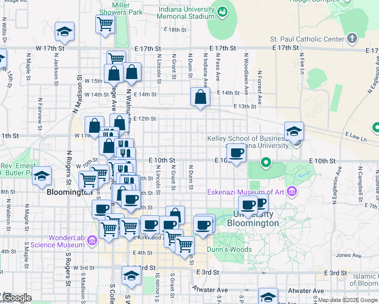 map of restaurants, bars, coffee shops, grocery stores, and more near 414 East Cottage Grove Avenue in Bloomington