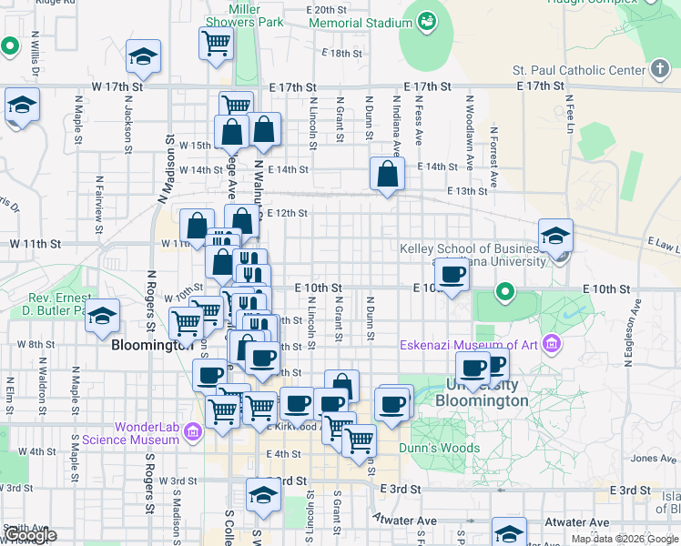 map of restaurants, bars, coffee shops, grocery stores, and more near 414 East Cottage Grove Avenue in Bloomington