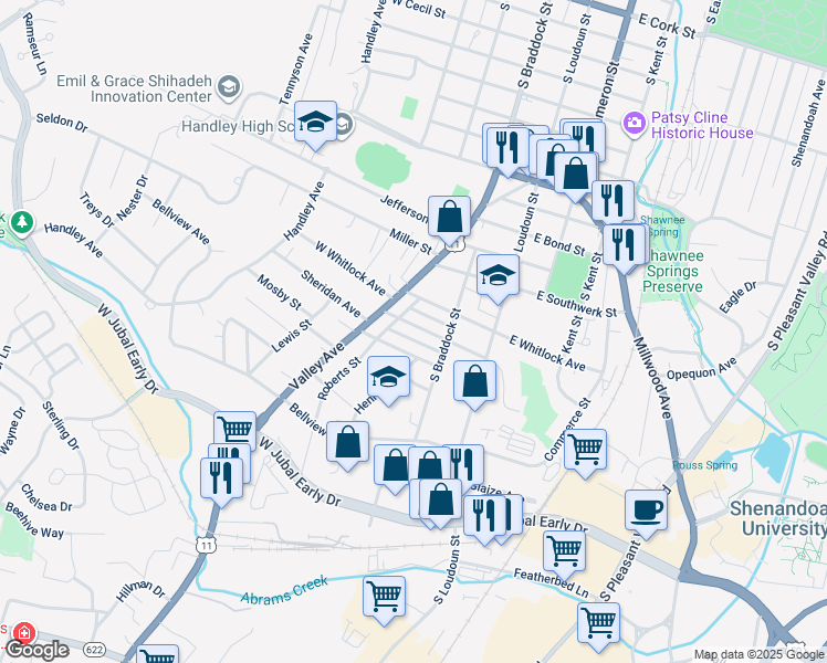 map of restaurants, bars, coffee shops, grocery stores, and more near 131 Montague Avenue in Winchester