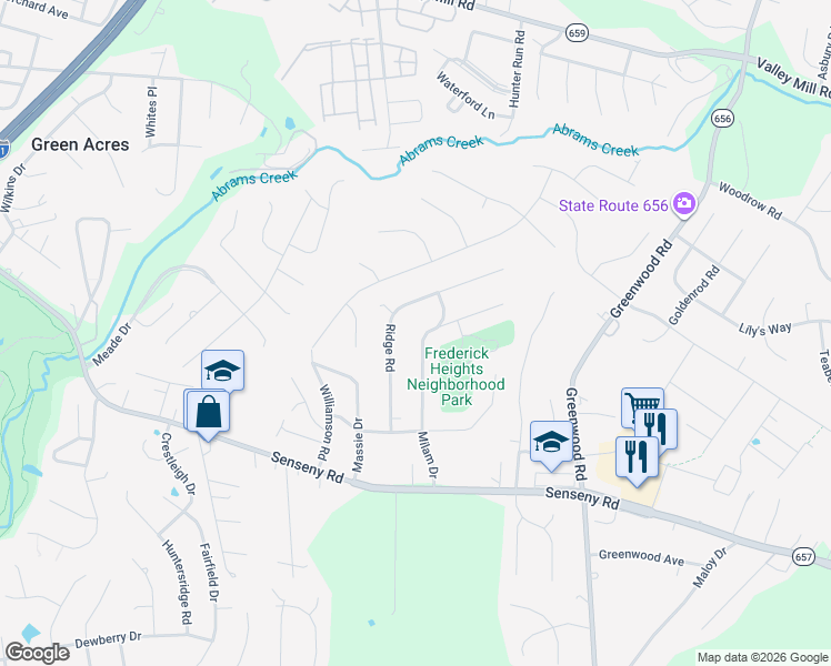 map of restaurants, bars, coffee shops, grocery stores, and more near 223 Milam Drive in Winchester